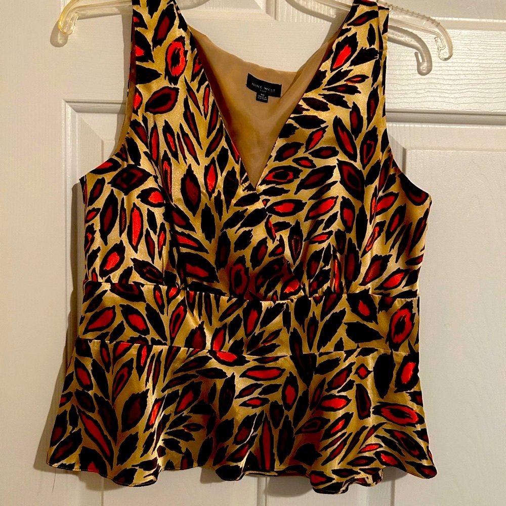 Nine West Silk Top Gold, Brown & Orange Animal Print